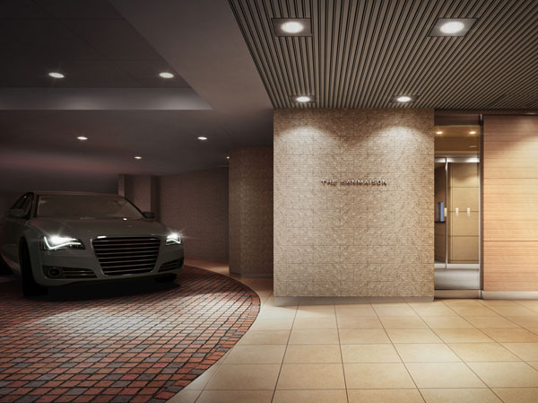 Buildings and facilities. The previous entrance approach, You Yes by arranging a driveway full of comfort and luxury. You can get in and out of the car without getting wet even on rainy days, It is a luxurious floating appearance, such as a hotel. Divided paste the different size of the tile on the floor and wall, Produce a modern worthy of the "face" of the house look. It welcomed warmly the person who lights down lights live. (Entrance Rendering)