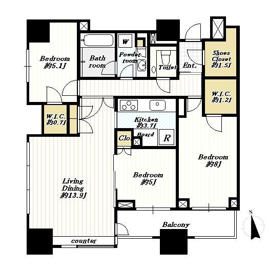 Floor plan. 3LDK, Price 97,500,000 yen, Occupied area 84.81 sq m , Balcony area 10.8 sq m