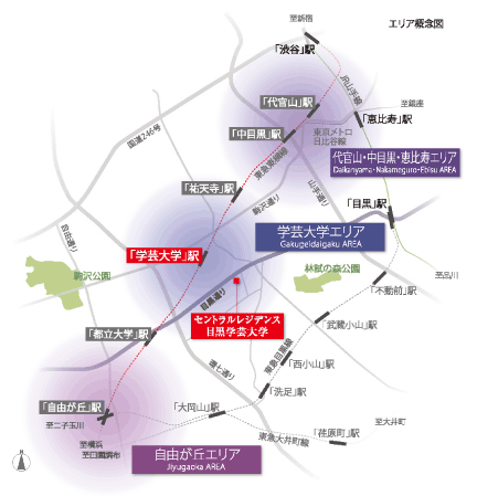 Surrounding environment. Around the "liberal arts college" station, In the city center direction "Daikanyama" station, "Nakameguro" station, A highly sensitive area close to stylish to represent the wayside with a focus on "Jiyugaoka" station of Tokyo Metro Hibiya Line, There Enlightenment sophisticated living freely mastering is here. (Area conceptual diagram)
