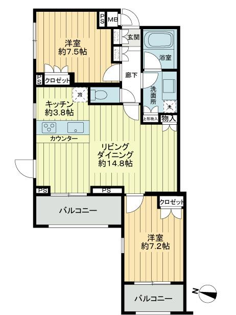 Floor plan. 2LDK, Price 49,900,000 yen, Occupied area 70.13 sq m , Balcony area 10.78 sq m