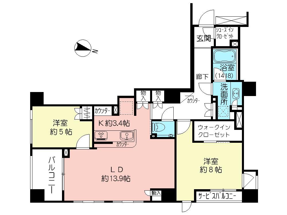 Floor plan. 2LDK, Price 69,800,000 yen, Occupied area 76.96 sq m , Indoor balcony area 5.49 sq m southeast corner room is well-ventilated, Plug bright sunshine.