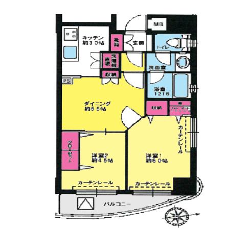 Floor plan. 2DK, Price 36,800,000 yen, Occupied area 44.32 sq m , Balcony area 4.65 sq m