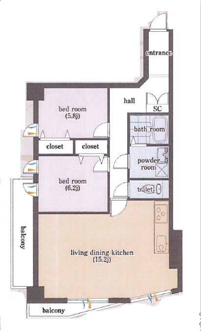 Floor plan. 2LDK, Price 40,900,000 yen, Occupied area 62.89 sq m , Balcony area 6.75 sq m