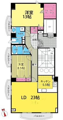 Floor plan. 2LDK, Price 108 million yen, Footprint 129.59 sq m , Balcony area 15.9 sq m