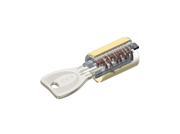 Security.  [Progressive cylinder key] Adopted at the door key of the dwelling unit. I have a theory on a 100 billion kinds of key pattern, Replication has been almost impossible. (Conceptual diagram)