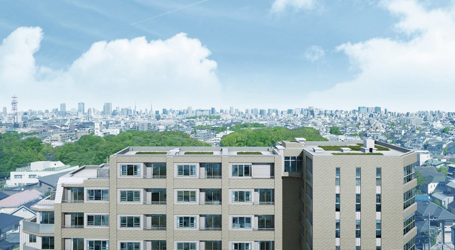 Exterior - Rendering (local view photos (October 2012 shooting. In fact a somewhat different in the 7th floor or equivalent) to which the Rendering was CG synthesis. It wakes draw a size different from the actual tile joints for expressing an appearance)  ※ Rendering ・ Conceptual view are those caused drawn based on drawing, Shape and color, etc. is slightly different from the actual. Keep in rain, Air conditioner outdoor unit, Water heater, etc., There are some reproduction that are not equipment)