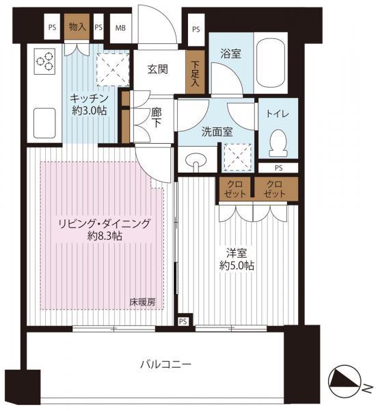 Floor plan. 1LDK, Price 35,800,000 yen, Occupied area 41.34 sq m , Balcony area 9.76 sq m