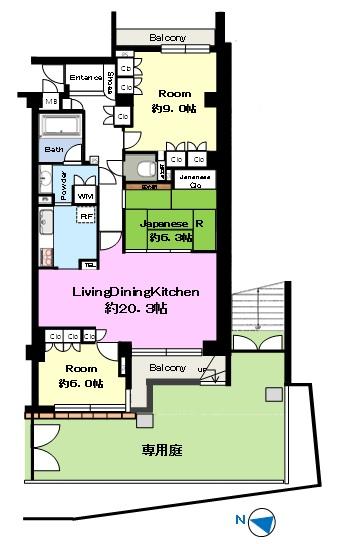 Floor plan. 3LDK, Price 68,300,000 yen, Occupied area 95.98 sq m , Balcony area 9.53 sq m
