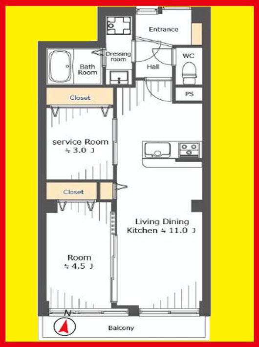 Floor plan. 2LDK, Price 32,800,000 yen, Occupied area 50.51 sq m , Balcony area 4.5 sq m south-facing