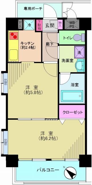 Floor plan. 2K, Price 24,800,000 yen, Footprint 35.1 sq m , Balcony area 5.67 sq m