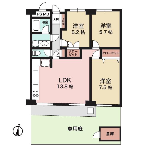 Floor plan. 3LDK, Price 42,900,000 yen, Is the exclusive area of 69.26 sq m easy-to-use 3LDK. Private warehouse in the garden is very convenient.