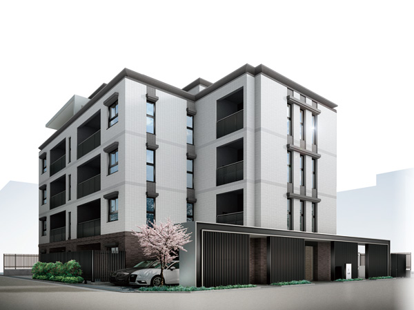 Features of the building.  [Highly independent site] Highly independent three-way of the site facing the road location. Because it is not adjacent to the external building, It increases the feeling of opening of the entire site. (Exterior view)