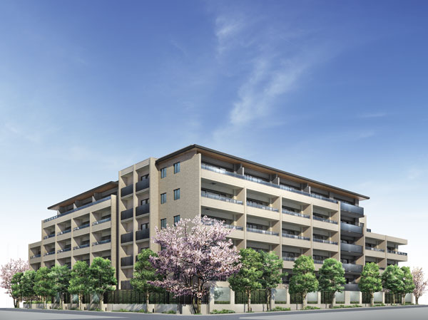 Features of the building.  [New scenic beauty to draw in the sophistication of form and green] Quiet residential area, Megurohon the town of beautifully mature cityscape. The quality is in harmony with this town dressed, It further aims to residences to nurture a new landscape. It was Kiwadate in the horizontal and vertical line, Neat and elegant appearance. And, Color around the site in the tree-lined and rich planting, Buildings and trees of green Kiwadate each other, We create all the 63 House shine in this land. (Exterior view)