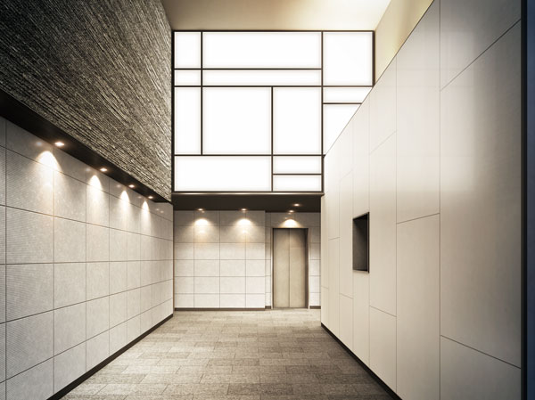 Shared facilities.  [Entrance Hall Rendering CG] In the entrance hall filled with bright and open feeling, Adopt a light wall in front of the upper part. By adopt the LED aggressively, It produces a bright space to every corner of the hall. Furthermore Summary finish of the hole walls in bright colors based on white, In the space feel a visually more breadth along with the atrium space of two layers. The material is a glass material in the mail corner partition and management personnel chamber wall, The wall opposite is Yes in combination using the different materials of stone and material sense.