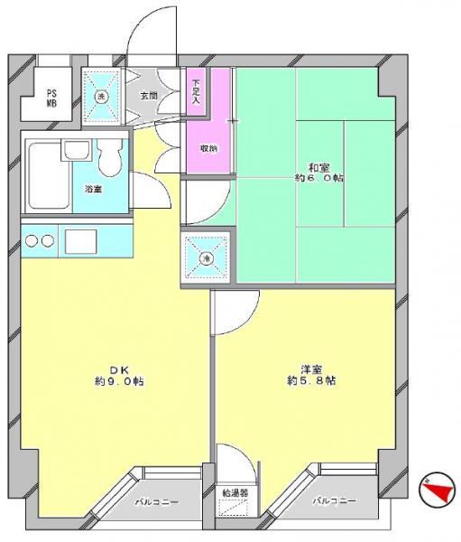 Floor plan. 2DK, Price 21,800,000 yen, Occupied area 42.45 sq m , Balcony area 2.36 sq m