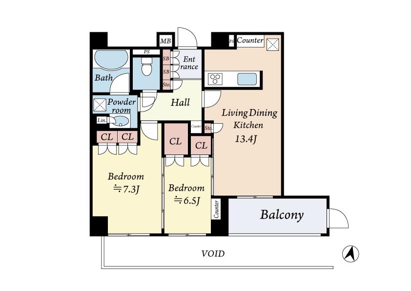 Floor plan. 2LDK, Price 55 million yen, Occupied area 62.63 sq m , Facing the balcony area 6.87 sq m Zenshitsuminami direction, Sunny.