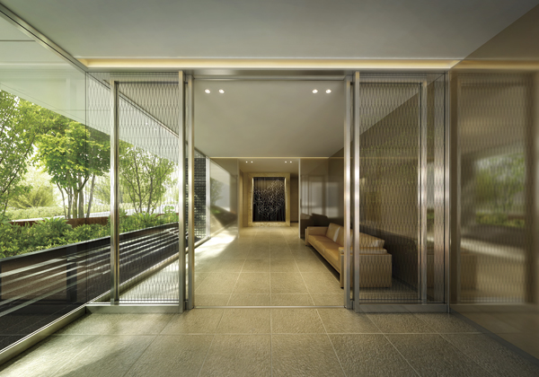 Features of the building.  [Entrance Rendering CG] Pleasant symmetry design, Entrance Hall full of sense of quality. Providing a moisture rich basin, It gives us a moment of rest in the city center to the guest. Established the entrance art was to design motif of the "Tokyo Tower" on the front. In nestled stimulate the sensibility along with the dignified calm, We will decorate the living in the city center.