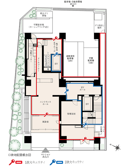 Features of the building.  [Site layout]  ・ Go out for the inner corridor design ・ Because not visible from the outside even when the return home will increase the dwelling unit of the privacy of.  ・ Provided underground parking lot, Also installation dedicated elevator. And out of the bicycle can be done smoothly.  ・ Installing a garbage area of ​​the dedicated waste any time 24 hours in the shared portion of the first floor underground is discarded. Even when attendance of early slow return home and in the morning the night, You can have trash.  ・ To shopping leisure or a rainy day, Introducing a car-sharing available in the rent-a-car feeling. Residents adopted the "Audi A3 sport back" as a model that can be used.