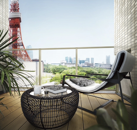 Room and equipment. While compact plan, Balcony fully enjoy the day-to-day living in "Tokyo true". By the depth to 1.8m ensure, We finished in the open space to be able to spend in the open living feeling. As well as the city of the second house, This plan is able to use your free as an adult retreat make me forget the work. (Balcony Rendering CG / Etype 10 floor).  ※ In fact a somewhat different in a composite of view photographs of the north-east direction from the 10th floor considerable height site (June 2013 shooting).