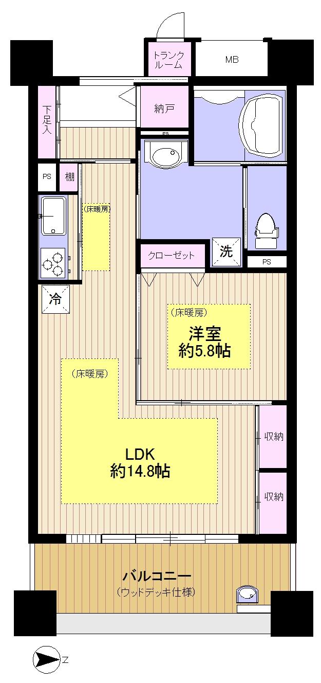 Floor plan. 1LDK, Price 66,600,000 yen, Occupied area 55.86 sq m , Balcony area 11 sq m