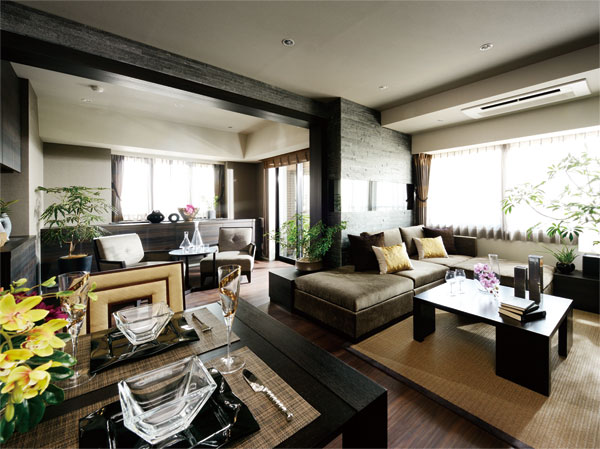 Living.  [Quality fragrant, Luxury of linen of the private residence unique] I was born in adopting a deep and natural sense of material, Beautiful contrast. Space that spread is tinged with soft light, It will show the rich look. (LIVING DINING)