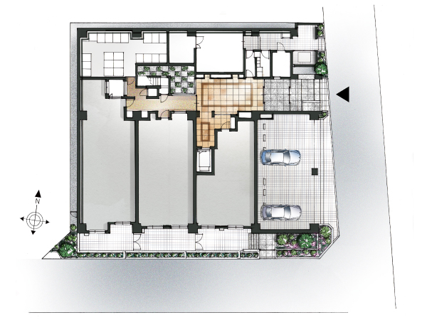 Features of the building.  [Four seasons, Planting design to enjoy the nature of the change] The beautiful landscape green shine on the concept, I felt the change of seasons from the colorful vegetation, Give healing Ya comfort to those who live. And rich surface layer and the link of the building, Soothing design a mind to layered to Green. Flowering and foliage color is also different for, Four seasons, You can enjoy the nature of the change. (Site layout)