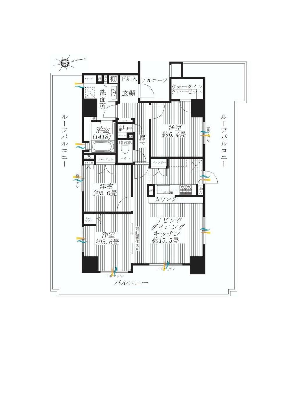 Floor plan. 3LDK, Price 62,800,000 yen, Footprint 76.3 sq m , Balcony area 58.03 sq m