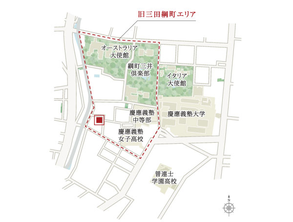 Surrounding environment. The neighborhood, which was once called Mita Tsunamachi, Concatenation and embassies and corporate Yingbin facility, To the extent it does not think the city center, Rich trees has formed an environment of watered "Du". One section that, In one section of a calm residential area away from the main road, <Sunwood Mita Tsunamachi> is born. (The surrounding area conceptual diagram)