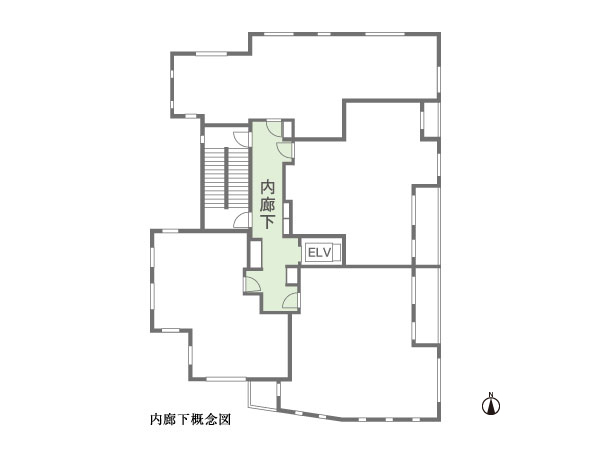 Buildings and facilities. Approach to each dwelling unit is, Adopt the corridor method within the line of sight from the outside can not reach. Furthermore, by not made to an inner hallway side of the living room window of the dwelling unit, Was consideration to privacy. (Inner corridor conceptual diagram)
