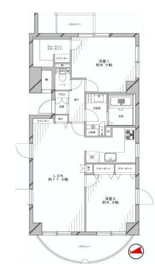 Floor plan. 2LDK, Price 58,800,000 yen, Occupied area 73.12 sq m , Balcony area 9.41 sq m
