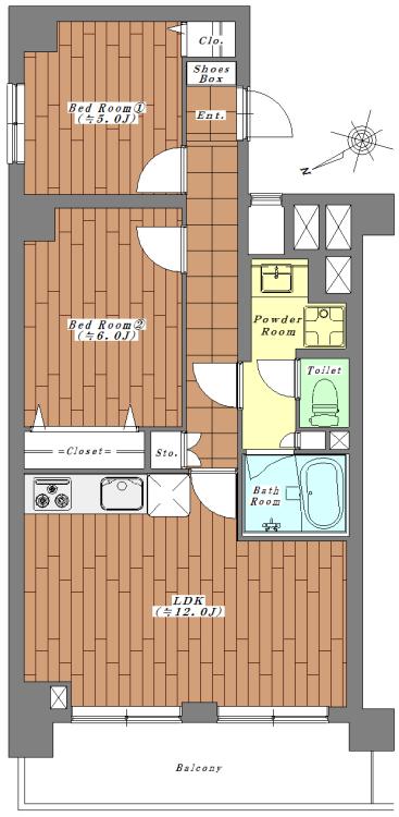 Floor plan. 2LDK, Price 52,800,000 yen, Occupied area 54.52 sq m , Balcony area 8.26 sq m