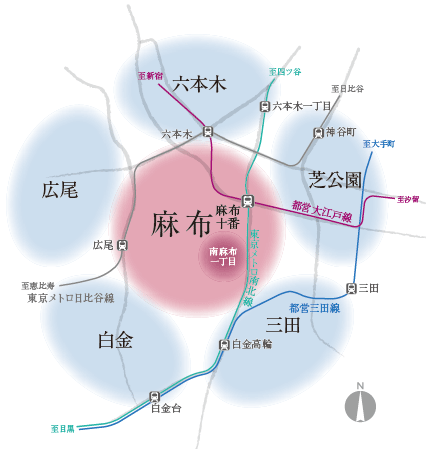 Surrounding environment. As well as a base for business, There in the city of fashion and entertainment, Downtown Minato-ku, which is also the residence area representative of the city center. Roppongi ・ Hiroo ・ Close to quirky town, such as platinum, It will be born to the location of the Minami-Azabu area that can handle freely depending on the purpose. (Area conceptual diagram ※ Some road ・ An excerpt of the facilities have been notation. )
