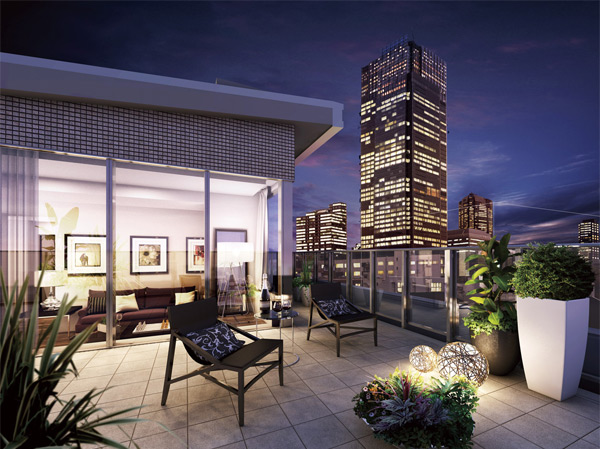 Features of the building.  [roof balcony] The top floor, Spacious space an open roof balcony, etc., Living space stuck to the luxury of space we are prepared. (Rendering ※ Which was to synthesize a complete forecast CG to photograph overlooking the southwest direction from the point of a height of about 15m from the site (April 2012 shooting), In fact and it may be slightly different.  ※ Are those that caused draw based on the drawings of the planning stage, It may differ slightly from the actual ones. )