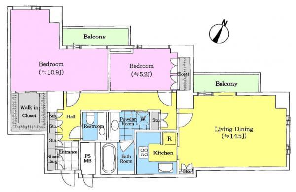 Floor plan. 2LDK, Price 110 million yen, Occupied area 84.46 sq m , Balcony area 7.44 sq m