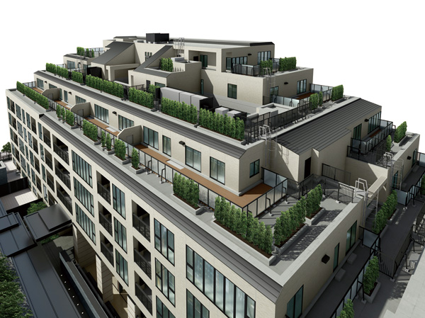Shared facilities.  [Exterior CG] Laying a green space so as to surround the mansion, Flowers and fruit the transitory season, Planting a large number of tree species that color in the leaf color. Installing a roof balcony and roof deck on the fourth floor or higher, It aims to rooftop gardening by providing a planted zone on the outside, In the leafy mansion land, Raise create a landscape design that provides additional moisture.