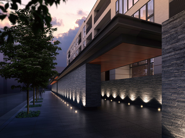 Shared facilities.  [Entrance Rendering CG] On the front of the mansion, Production trees planted in succession is the moisture of the tree-lined. Texture rich natural stone material of the wall to form a long boundary line between the premises is, Representing the prestigious familiar with the landscape of the Minami-Azabu. Enough to advance the approach along the outer fence, Continue to foster a sense of anticipation to the living space that has been protected in the.