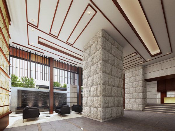 Shared facilities.  [Lounge Rendering CG] Enter History missing the entrance approach, Open lounge of the two-layer Fukinuki. Spread moisture rich water Jing outside the large glass surface, Off a spectacular presence stone paste pillars stand out is natural texture in response to the bright outside light. Its nestled and materials, Further enhance the elegance and the rating of this space.