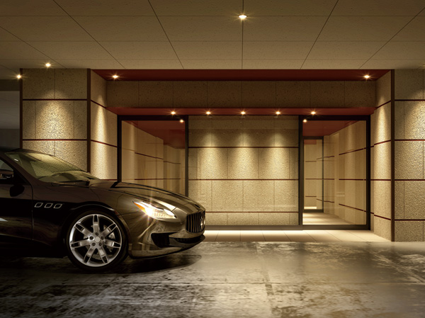 Shared facilities.  [Underground parking Rendering CG] Underground parking with direct access in the dwelling unit for the elevator of 3 groups. Without exposing the important car in the wind and rain, Also shutter gate to suppress the fact that outsiders from entering. Also installed in the basement further parking lot and bike storage, Out of the bicycle can be carried comfortably by a dedicated elevator.