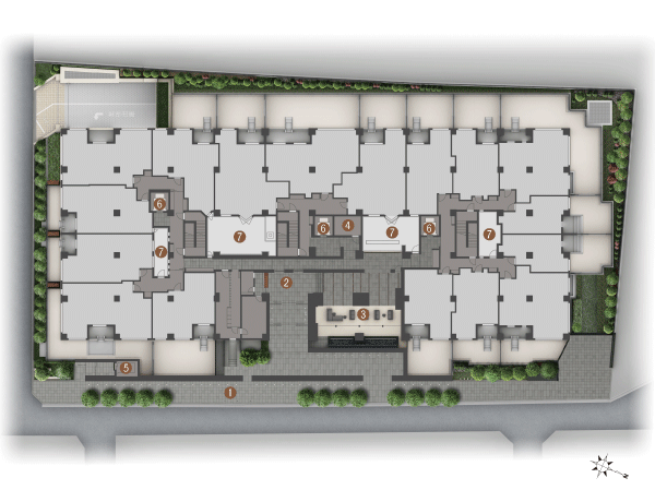 Shared facilities.  [1 Kaishikichi placement Rendering CG] (1) driveway (2) Entrance Hall (3) lounge (4) disaster prevention stockpile warehouse (5) bicycle private elevator (6) dwelling unit for the elevator (7) Light Court