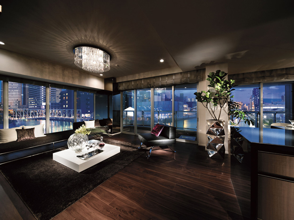 Living.  [Living Dining Room] For some there is, Luxury of being in the "cruise ship" proceed to before feeling the pleasant breeze. The motif of the "ship" of this residence, Residence of southeast surface corresponding to the tip, It has created an overwhelming feeling of opening of the two-sided open in the "full-height sash" from the floor-to-ceiling near.  ※ Following publication photograph of the model room (80B ・ 70Da type) which was taken (April 2013) the, It includes some paid option (application deadline There).  ※ View is slightly different from the actual one that was synthesized the local height of about 8m (3 floor or equivalent) captured view Photos (December 2012 shooting).