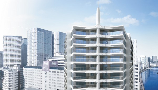 Features of the building.  [Exterior CG] This is just from "Shinagawa" station, Canal front of Minato-ku,. Spread is large sky, This place and the encounter pleasant waterside crosses, The aim was for the Kokochiyoki extraordinary feeling. Appearance, such as the elegant sailing ship moored in the canal. And the beautiful curve reminiscent of the spine corresponding to the keel of a ship, Dignified towering mast, And we are strong design the image of the sail that filled with wind.  ※ Those local height of about 48m (16 floors or equivalent) captured view Photos (November 2012 shooting) and was synthesized building Rendering CG, In fact a slightly different.