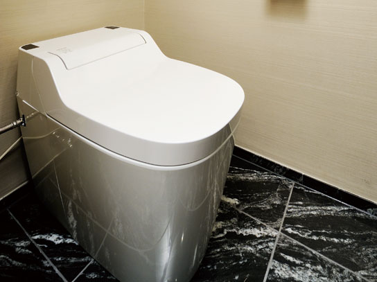 Bathing-wash room.  [Tankless toilet] In devising such as not accumulate dirt lost the back of "Sukimaresu design" and borderless "Hitofuki shape", Also to the ease of cleaning were friendly.