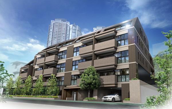 Features of the building.  [Appearance in harmony with the location of the Moto-Azabu] Stacked textured border tile, The design and specifications of the appearance that was hauntingly dark earthy color tones, By nature and buildings around the harmony as landscape, We shot the presence and magnificent beauty worthy of the location feature that Motoazabu. (Exterior CG)