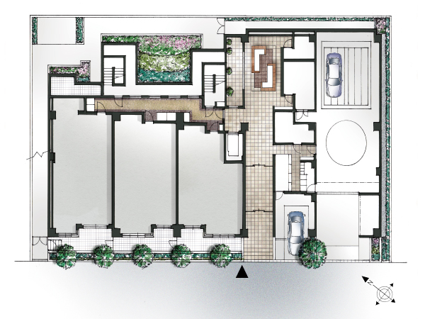 Features of the building.  [Carry the smell of the season while changing the color trees we] Cosmopolitan downtown mansion land, Stuck in planting in order to foster the "hospitality of Kei" in Moto-Azabu area. anytime, anytime, A lush beautiful landscape on the concept, Lush green trees and colorful vegetation was aimed at comfort feel through the four seasons. (Site layout)