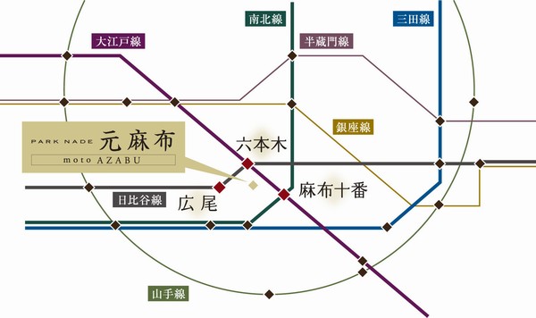 Other. Access view. "Azabujuban" station walk 9 minutes, "Roppongi" station a 10-minute walk, "Hiroo" station walk 14 minutes 3 Station 3 routes within walking distance. A train station and routes you can choose depending on the destination. It enjoyed a nimble access of the Yamanote Line inside unique, Business can also be moved to the speedy private
