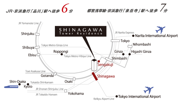 Surrounding environment. JR Yamanote Line and Tokaido Line, A number of routes such as Keihin Electric Express Railway is integrated. And a 6-minute walk with no hill flat approach from Mega Terminal Shinagawa is a stopping station for all of the Tokaido Shinkansen. In the center of town as well, To domestic around, And is the location suitable for the base of people to spread the big wings and abroad. (Access view)