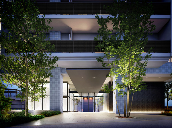 Buildings and facilities. That was emphasized in the common design of <Shinagawa Tower Residence>, Is the production of light. From outside to inside. From noon to night. Ya flow at that time, Depending on the flow line of the people who live, Rather than a flat light, In the production of light with a variety of facial expressions, Also in special up to the time that flows in there. further, A rich green on the outer structure. And the material of the floor surface, Tile and flooring, etc., By attaching a change in the texture by location, On from the feet / You can feel the switching off. (Entrance Rendering)