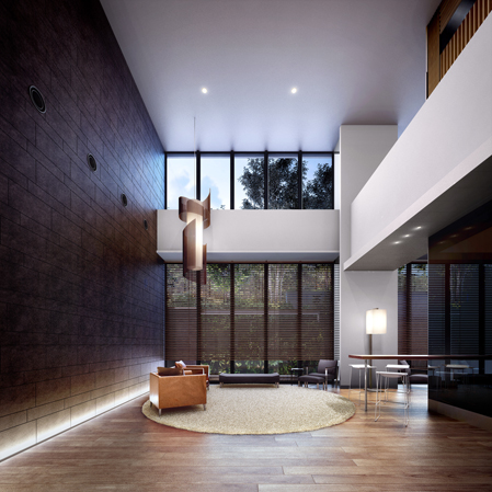 Buildings and facilities. As of unique hotels, I want to be a truly restful space with a gorgeous. Shared space was designed in such feelings. Gallery lounge of the two-layer atrium full of sense of openness, Library lounge, Noon ・ Production of light to change the look in the night, Inner hallway, etc., I was pursuing a richness to all. (Gallery lounge Rendering)