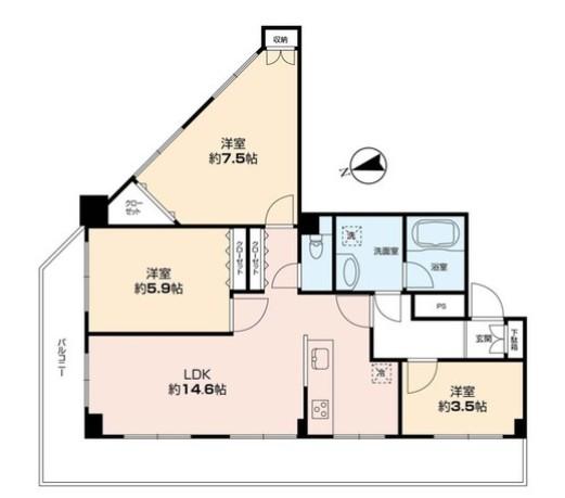 Floor plan. 3LDK, Price 52,800,000 yen, Occupied area 47.94 sq m , Balcony area 4.76 sq m