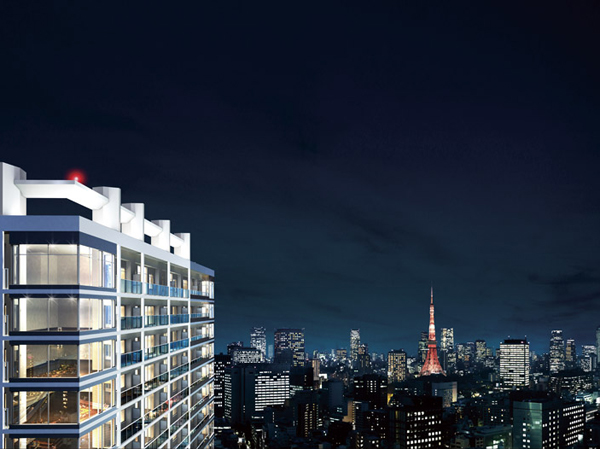 Features of the building.  [Exterior CG] Listings Exterior CG is, To draw raised the CG based on the drawings of the planning stage, Those obtained by combining the view photographs of the northwest side (August 2013) from local 34F equivalent, In fact a slightly different. Details of the appearance shape ・ Equipment, etc. are not represented. still, Vista of the dwelling unit orientation ・ It depends on the location of such rank and facilities, Guarantee that from the sales dwelling unit see the Tokyo Tower there is no. Also view is not intended to be guaranteed over future.